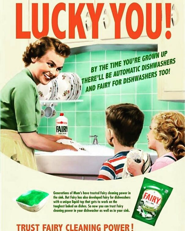 Vintage ad showing family values and trusted cleaning power of Fairy dishwashing products over time.