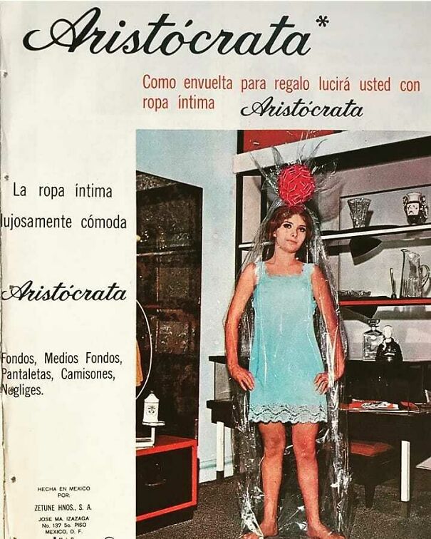 Vintage ad showing a woman in intimate apparel wrapped as a gift, illustrating changing and lasting values over time.