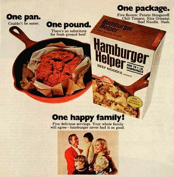 Vintage ad showing Hamburger Helper beef noodle dinner with fresh ground beef and a happy family, highlighting changing values.