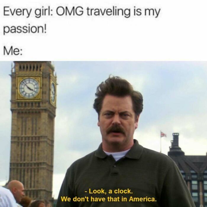Man in front of Big Ben meme highlighting humor in travel memes about actual travel being expensive.