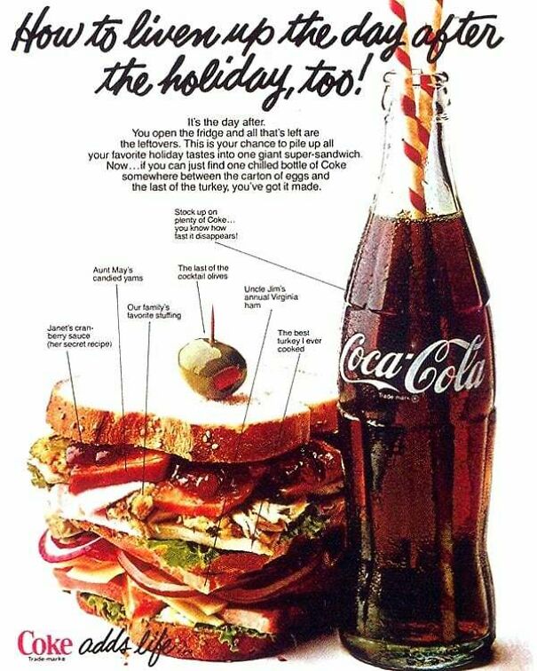 Vintage Coca-Cola ad with a giant holiday leftover sandwich illustrating changing and lasting values in vintage ads.