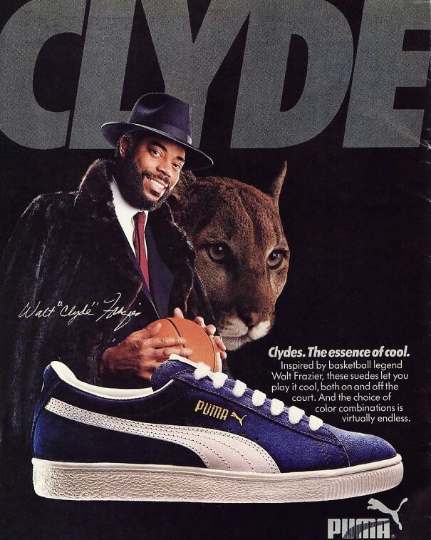 Vintage Puma ad featuring basketball legend Walt Frazier, showcasing classic sneakers representing changing and lasting values.