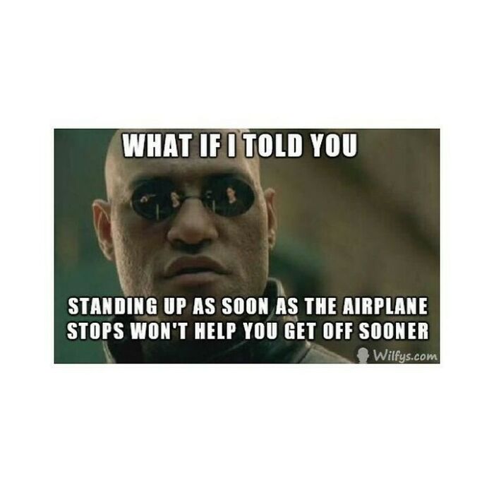 Meme with Morpheus from Matrix explaining standing up early on airplane won't help you disembark sooner, travel memes humor.