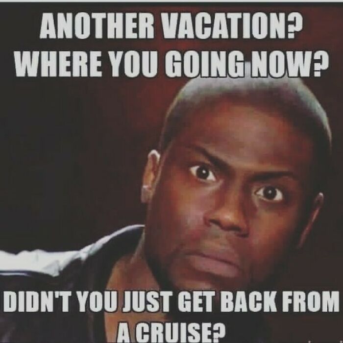 Comedic travel meme featuring a surprised man reacting to multiple vacations, highlighting hilarious travel memes.
