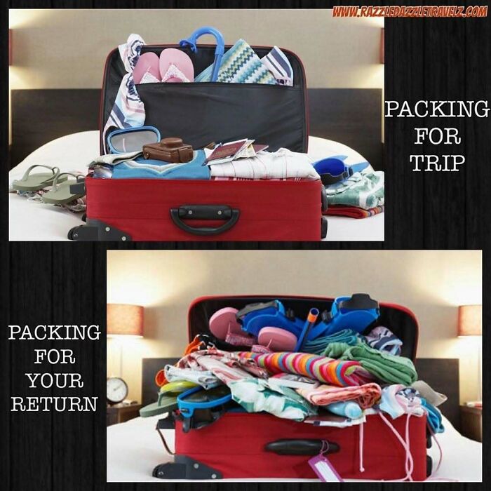 Open and overflowing red suitcase with clothes and travel items packed, illustrating travel memes about packing humor.