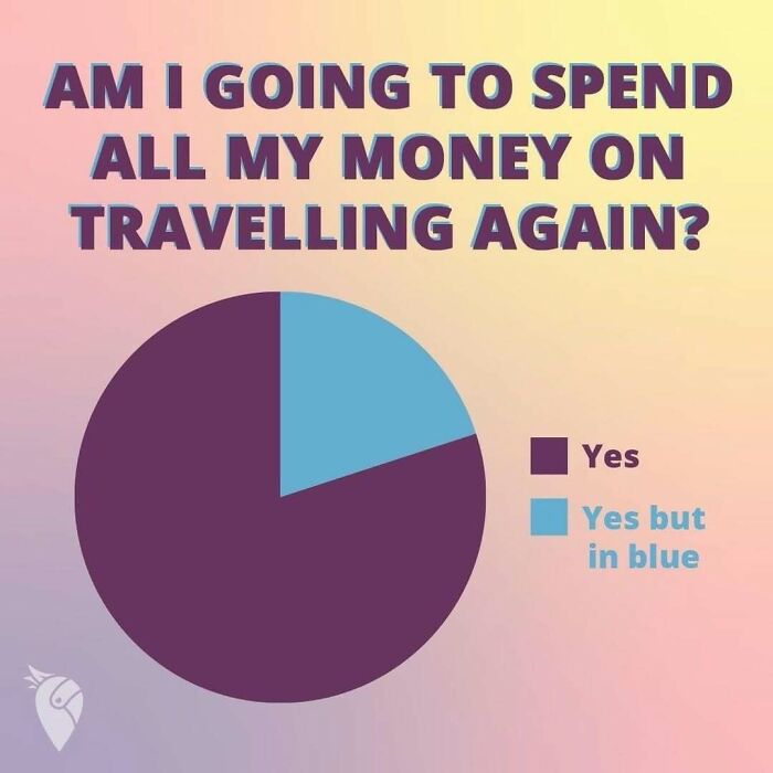 Pie chart meme about spending money on travelling with sections labeled Yes and Yes but in blue, highlighting travel memes.
