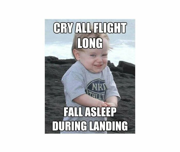 Smirking toddler meme about crying all flight long and falling asleep during landing, featuring hilarious travel memes humor.