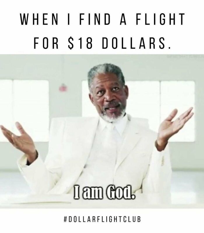 Man in white suit jokingly declaring power after finding cheap flight, illustrating hilarious travel memes about expensive travel costs.