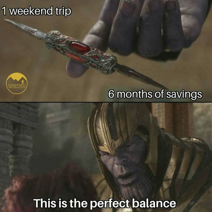 Scene from a movie showing a character weighing travel costs with a caption about travel memes on saving for trips.