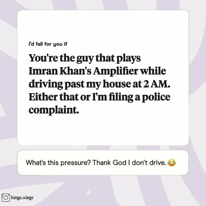 Funny dating app screenshot about playing Imran Khan's Amplifier late at night with humorous comment below.