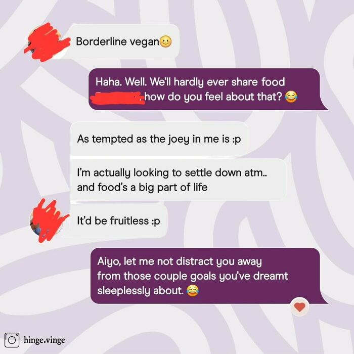 Funny dating app screenshot showing a humorous conversation about food and relationship goals on an IG page.