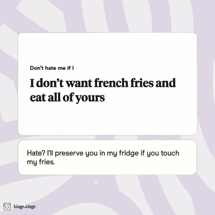 Funny dating app screenshot showing playful banter about sharing and protecting french fries in a dating app message.