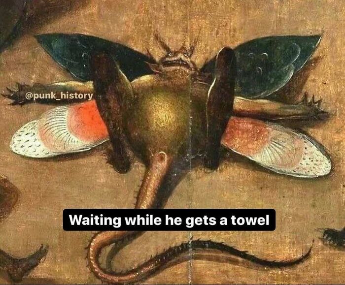 Surreal classical art meme showing an insect with an elephant trunk and text about waiting for a towel in 21st century humor.