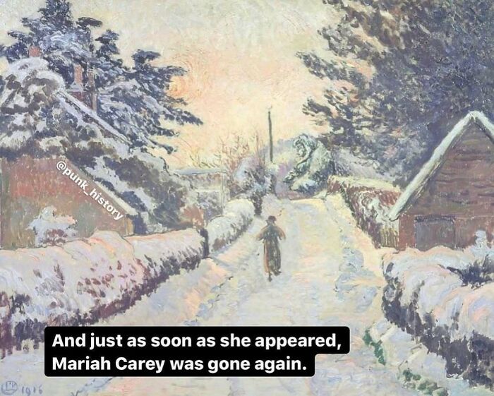 Snowy classical art painting with humorous meme text about Mariah Carey, featuring a winter village scene in soft pastel colors.