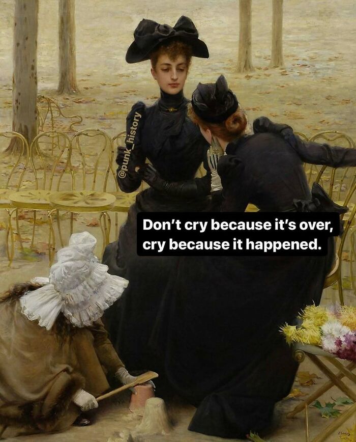 Classical art meme showing three Victorian women, one child playing, with a quote on emotions about crying and memories.