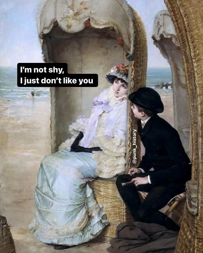Classical art meme showing a woman declining a man’s attention with humor on a beach in vintage attire.