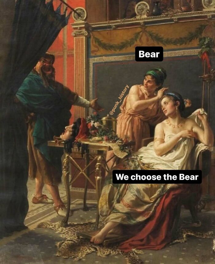 Classical art meme featuring three figures in a room with humorous text about choosing the Bear, highlighting classical art memes.