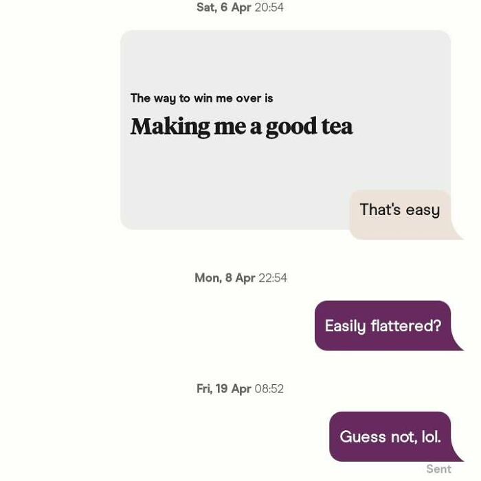 Chat conversation from a funny dating app screenshot shared on an IG page collecting humorous dating app moments.