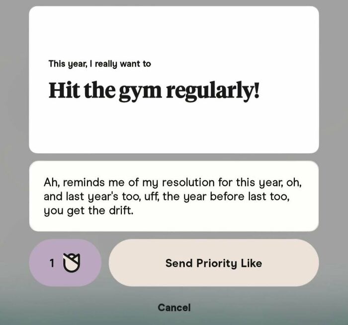 Funny dating app screenshot showing a conversation about yearly gym resolution with a priority like button.