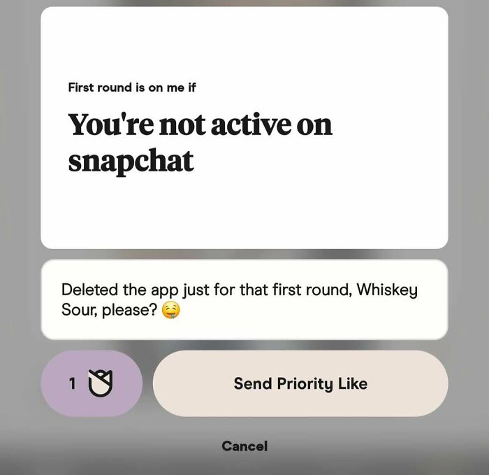 Funny dating app screenshot showing a message offering a first round drink if someone is not active on Snapchat.