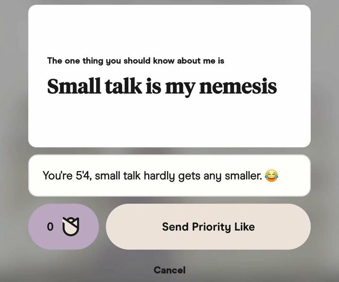 Funny dating app screenshot showing a humorous exchange about small talk and height on a dating profile.