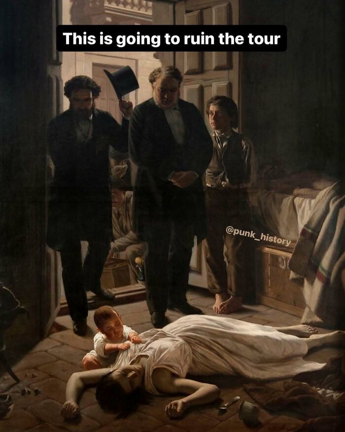 Classical art meme showing a distressed scene with people and a baby, highlighting hilarious classical art humor.