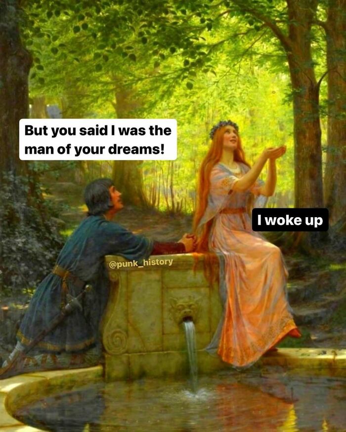 Classical art meme showing a woman and man by a fountain with humorous 21st century dialogue.