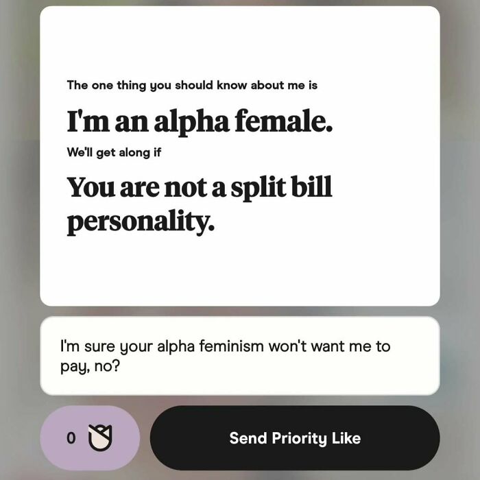 Funny dating app screenshot showing a conversation about being an alpha female and split bill personality humor.