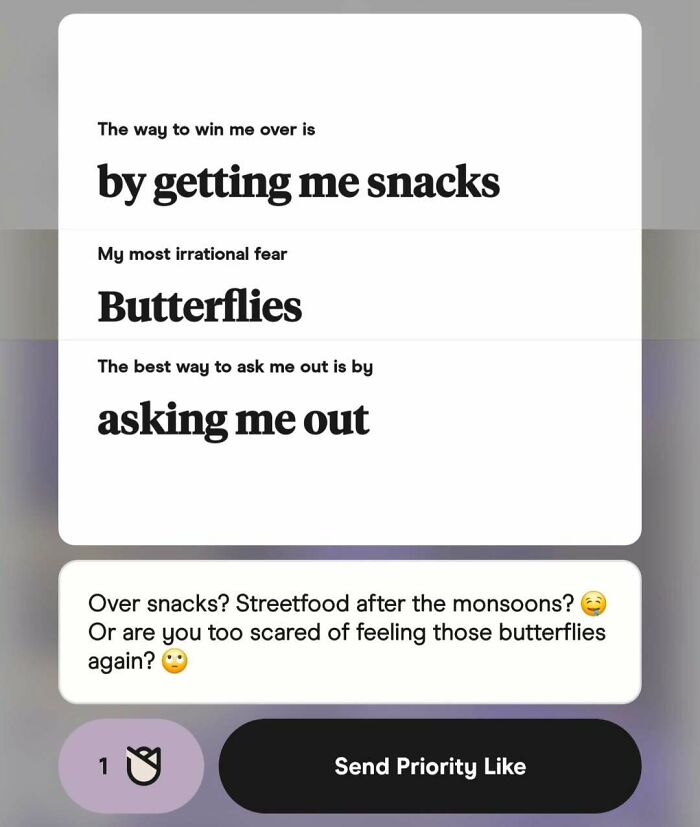 Funny dating app screenshot showing a profile with snack cravings, fear of butterflies, and asking out preferences.
