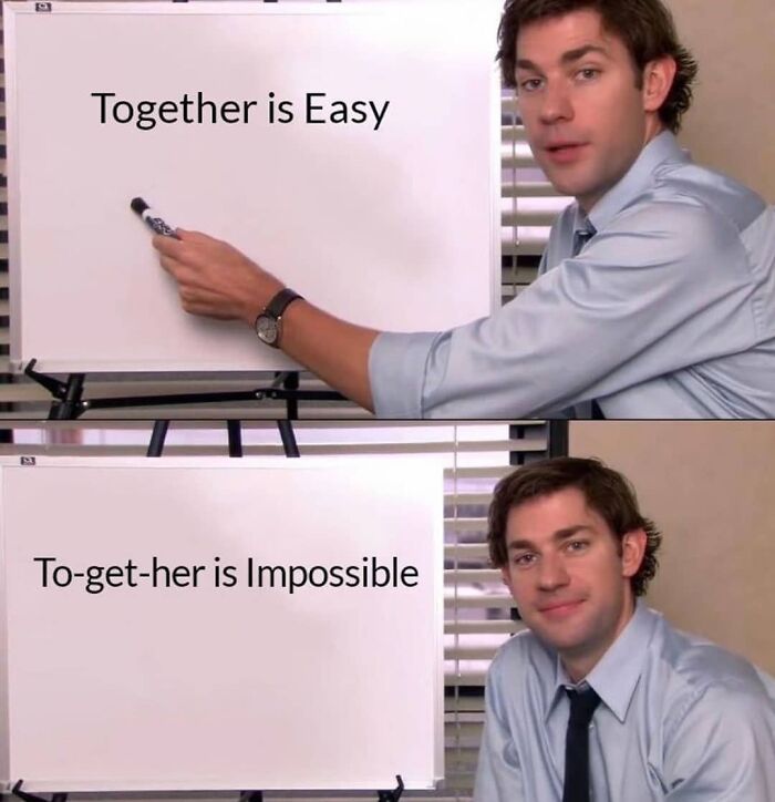 Man presenting funny whiteboard joke about relationships in an office setting, a funny screenshot to distract from responsibilities.