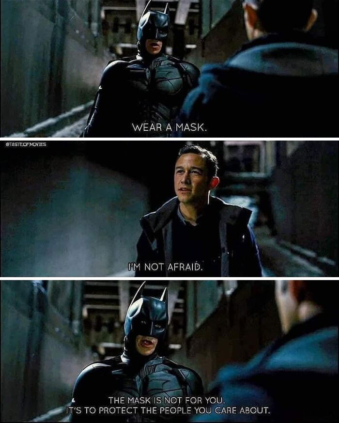 Batman explains wearing a mask is to protect others in a dark humor meme about masks and fear.