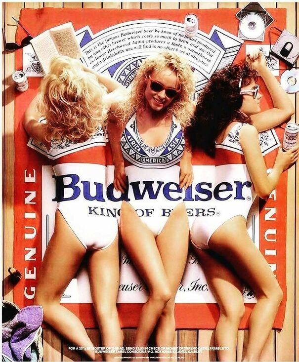Vintage Budweiser ad with three women in branded swimsuits, reflecting changing and enduring values in vintage ads over time.