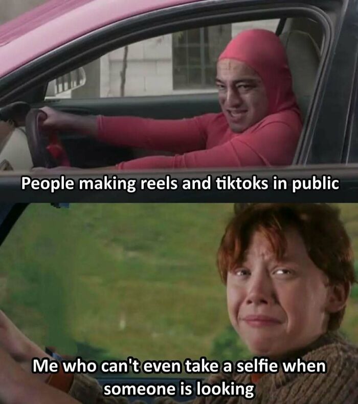 Person in pink suit smiling while driving contrasted with crying person, illustrating relatable memes about life as an introvert.