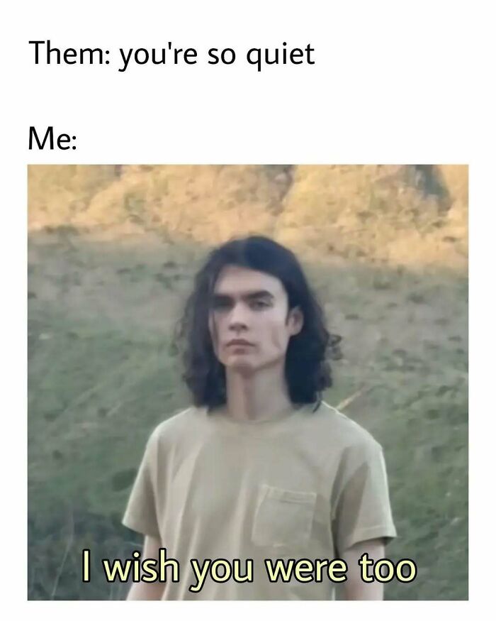 Young person standing outdoors with long hair and neutral expression, relatable meme about introvert life.