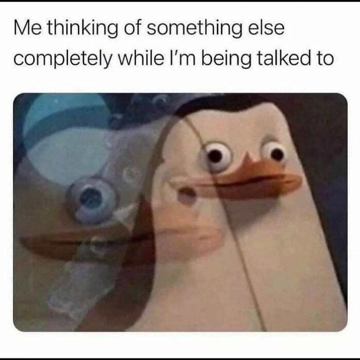 Penguin meme showing distracted thinking, illustrating relatable introvert moments in social situations with a humorous expression.
