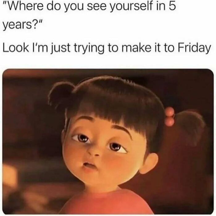 Tired animated girl meme with caption about just trying to make it to Friday, relatable introvert life meme.
