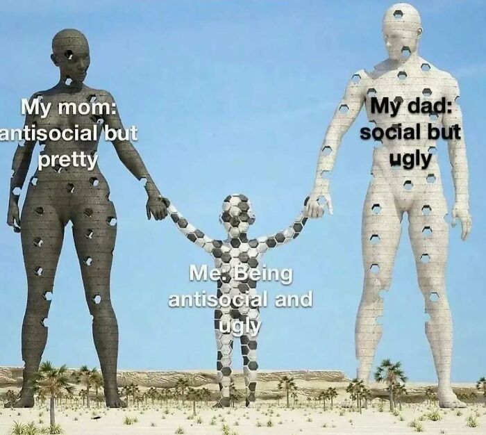 Three large soccer ball statues labeled as mom, dad, and child, depicting relatable introvert social traits meme.