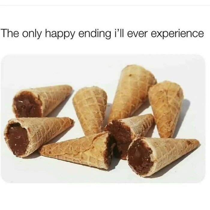 Chocolate-filled empty ice cream cones illustrating relatable memes about life as an introvert and finding happy endings.