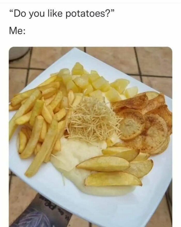 A plate with various types of potatoes, illustrating relatable memes about life as an introvert and potato preferences.