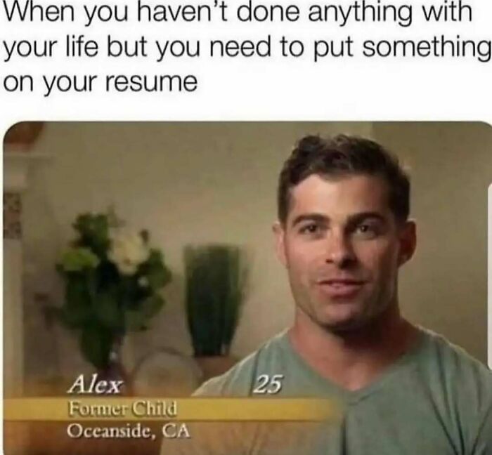 Man smiling in a video interview meme illustrating relatable introvert humor about life and resumes.