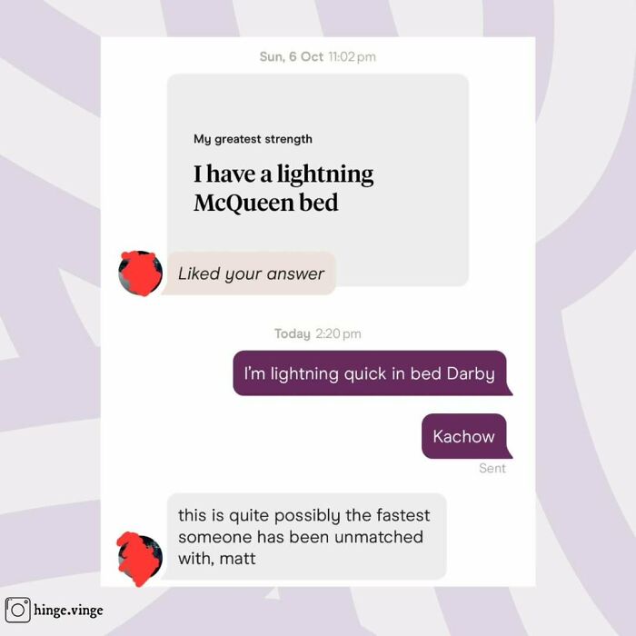 Funny dating app screenshot showing playful conversation about lightning and unmatched messages on a dating app chat.