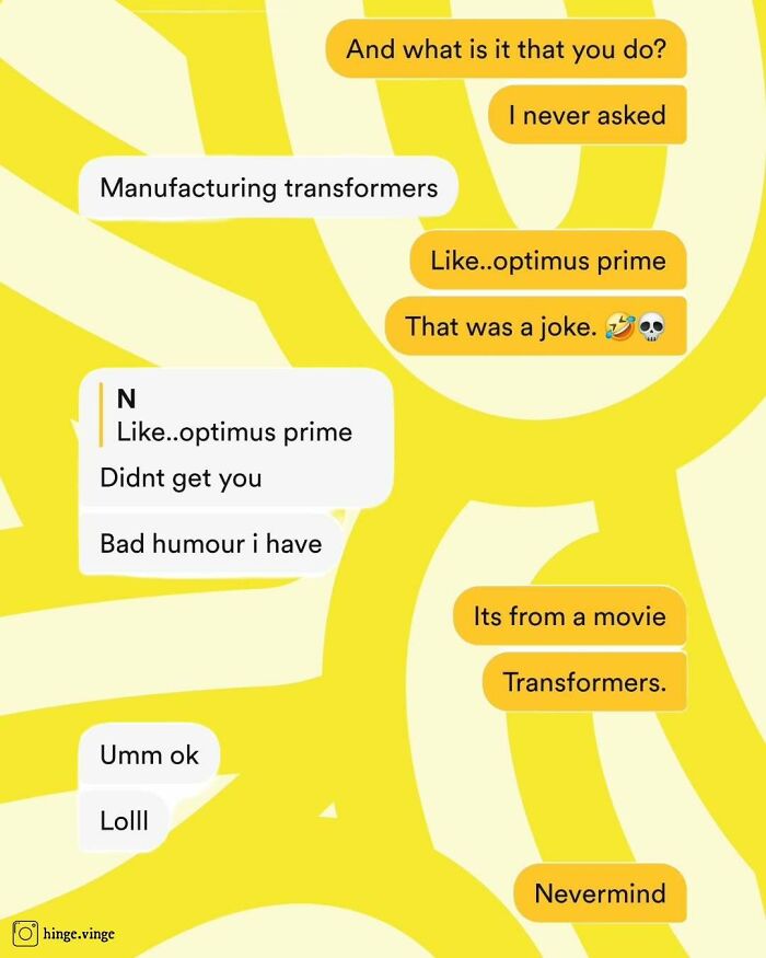 Funny dating app screenshot showing a chat about manufacturing transformers with Optimus Prime joke confusion.