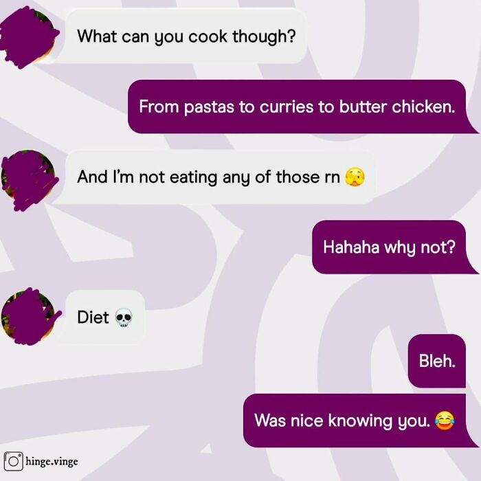 Funny dating app screenshot showing a conversation about cooking, diets, and playful messaging with emojis.