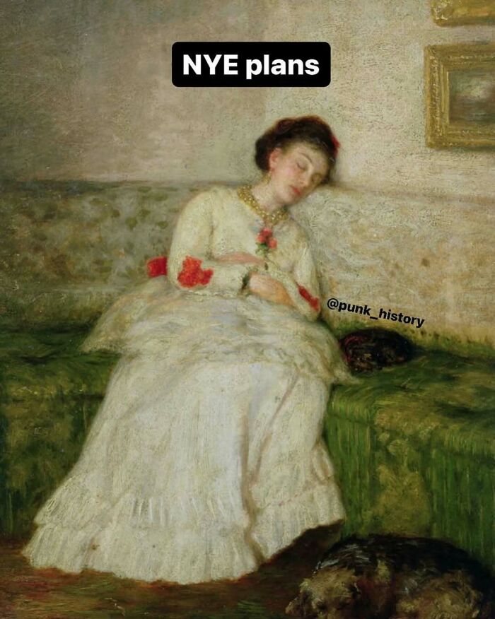 Woman in a classical art painting resting on a couch with a dog nearby, humorously captioned about NYE plans meme.