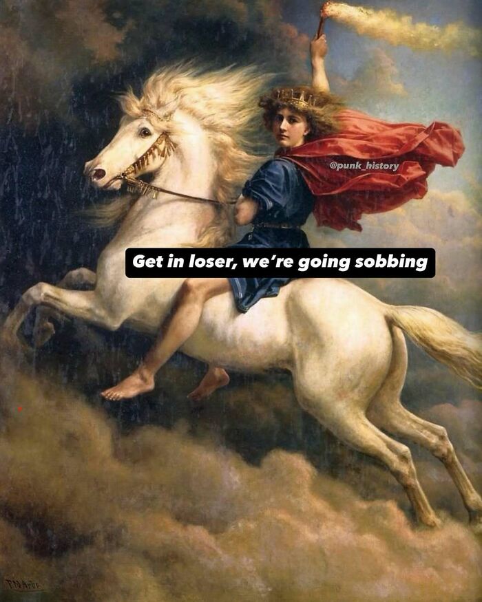 Classical art meme featuring a woman on a white horse with a torch, captioned about sobbing in a humorous style.