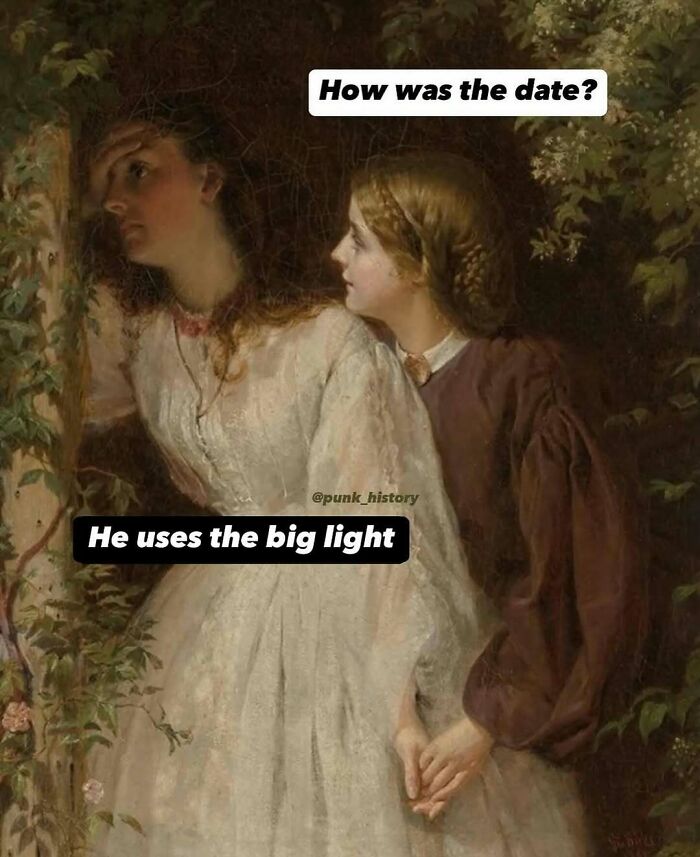 Two women in classical art style holding hands with captions about a date, featured in classical art memes.