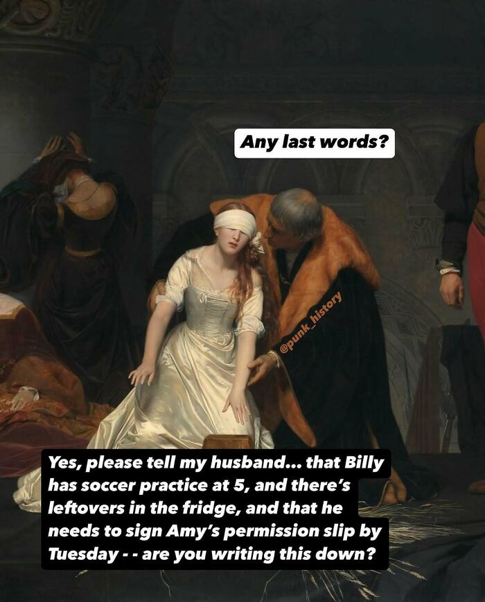 Blindfolded woman in classical art meme with humorous modern text about family and responsibilities.