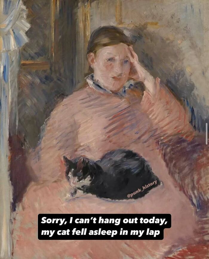 Impressionist classical art meme showing a woman with a cat on her lap, highlighting relatable 21st century humor.
