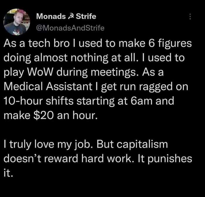 Twitter post about work struggles and capitalism, featured in a collection of funny and relatable therapy memes.