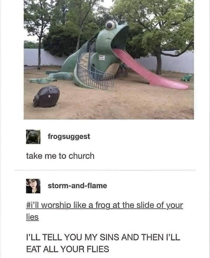 Playground frog slide resembling a therapy meme with humorous text about worship and sins.